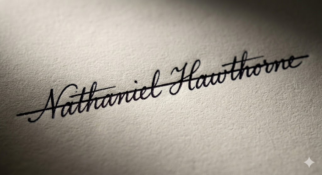 0529ffc8-c26f-49ac-8b16-1d1e31cf5034 Handwriting analysis FAQ: A close-up view of Nathaniel Hawthorne's cursive signature demonstrating a self-sabotaging strikethrough trait.