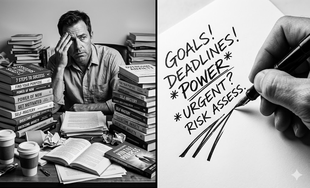 Split view of a stressed man surrounded by books and a frantic handwritten note, highlighting emotional triggers assessed during handwriting analysis for personality development.