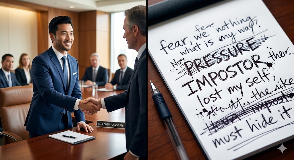 Contrast between a confident boardroom handshake and hidden impostor syndrome revealed through handwriting analysis during corporate HR screening.