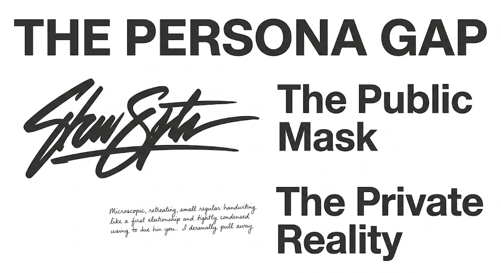 Visual contrast between a large public signature and small private script analyzed during a personal handwriting report.