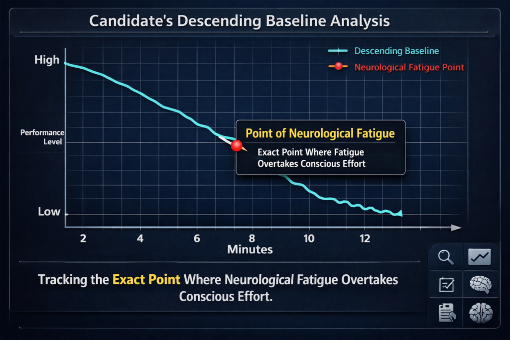 1bf30ea7-9cdb-4ba6-8c9a-014dab1d31dc Graphology FAQ: Line graph illustrating a candidate's descending baseline analysis and the exact point of neurological fatigue in handwriting.