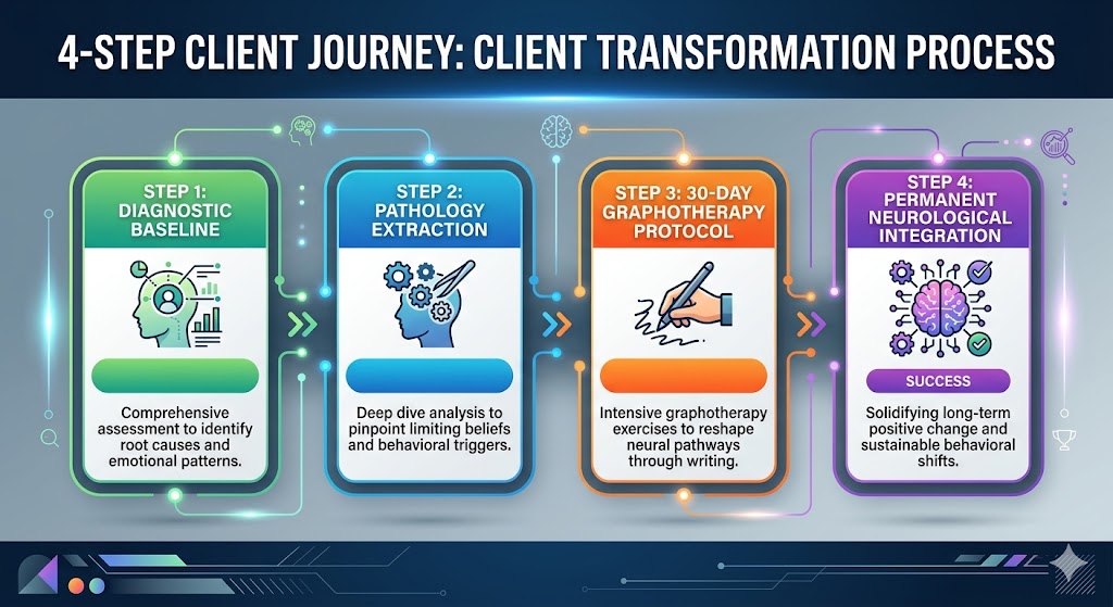 A 4-step flowchart detailing the client transformation process, from diagnostic baseline to neurological integration, used in handwriting analysis for personality development.