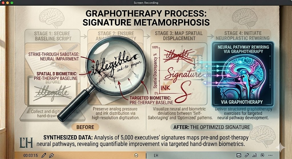33004d03-bef3-4af4-8ace-49509d0f1134 Graphotherapy FAQ: A detailed visual breakdown of the signature metamorphosis process showing how targeted handwriting changes rewire neural pathways.
