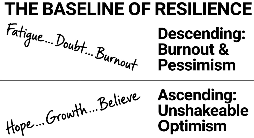 Graphic comparing descending, pessimistic text with ascending, optimistic text to illustrate the baseline of resilience in handwriting analysis for personality development.