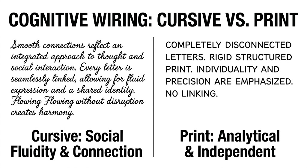 Infographic showing the cognitive wiring differences between cursive and print text in graphology for relationship compatibility.