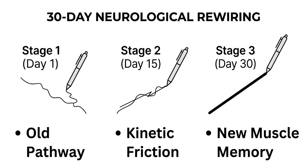 Diagram illustrating a 30-day neurological rewiring process, a technique used alongside handwriting analysis for professionals to build new muscle memory and overcome kinetic friction.