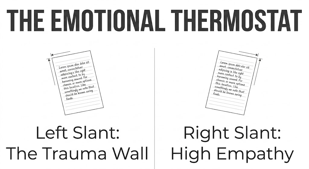 Diagram showing left and right handwriting slants to measure empathy and trauma walls in a personal handwriting report.