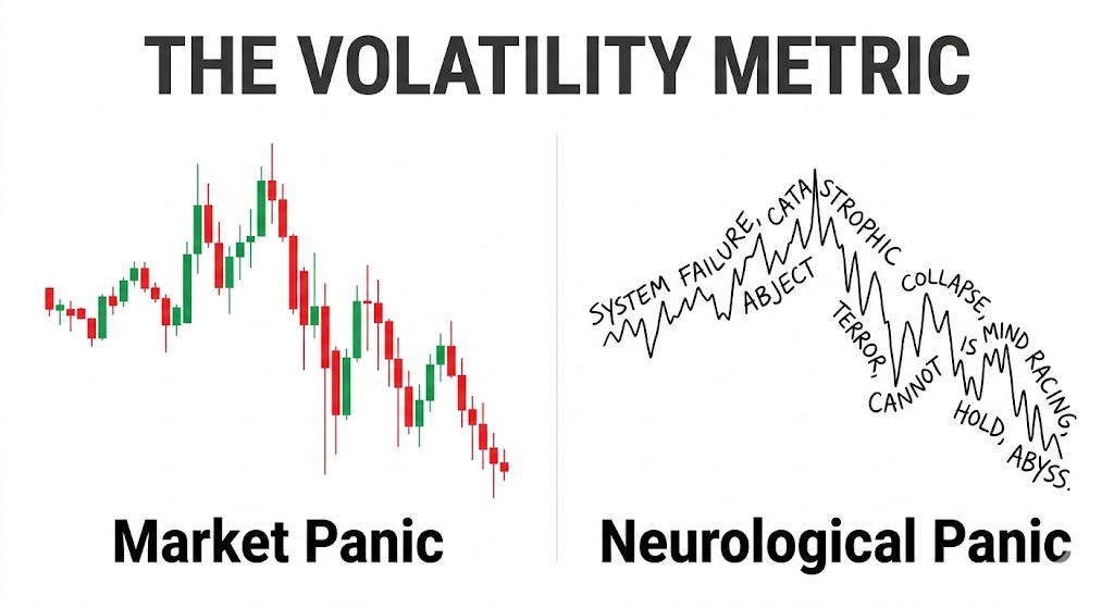 The volatility metric chart comparing financial market panic to neurological stress patterns evaluated by an expert handwriting analyst.