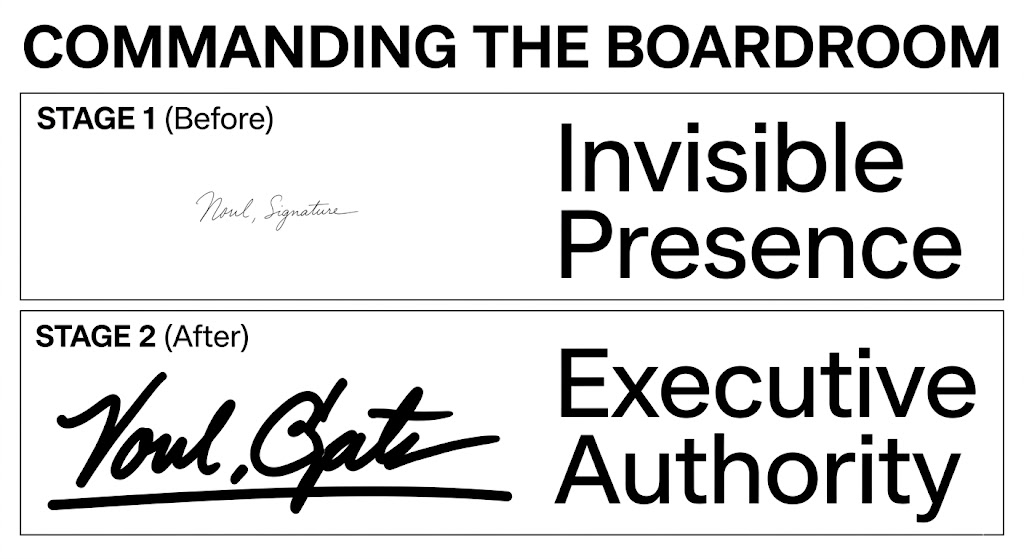 Before and after examples of signatures demonstrating how to shift from an invisible presence to executive authority using handwriting analysis for personality development.