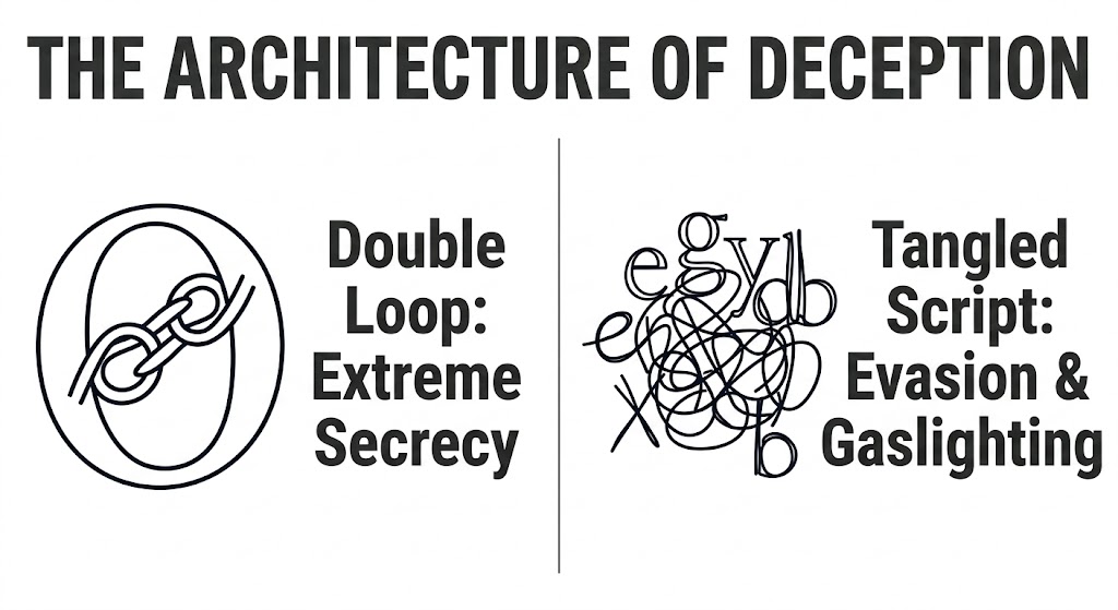 Graphology indicators of extreme secrecy and gaslighting utilized in corporate HR screening to detect deception and evasion tactics.