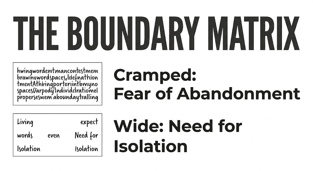 The Boundary Matrix illustrating how cramped or wide word spacing reveals abandonment fears or isolation needs in handwriting analysis.