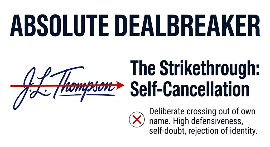 Handwriting analysis for compatibility demonstrating a strikethrough signature as an absolute dealbreaker indicating high defensiveness.