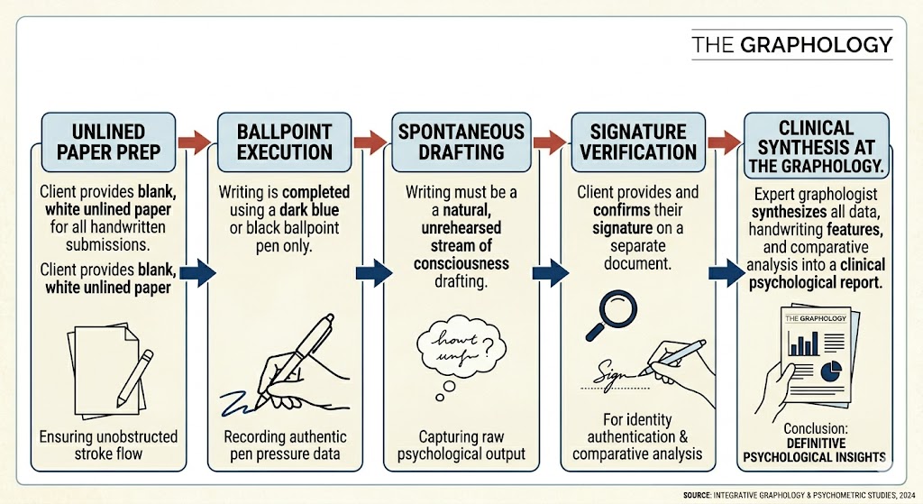 Step-by-step clinical process from unlined paper preparation to the final synthesis of a personal handwriting report.