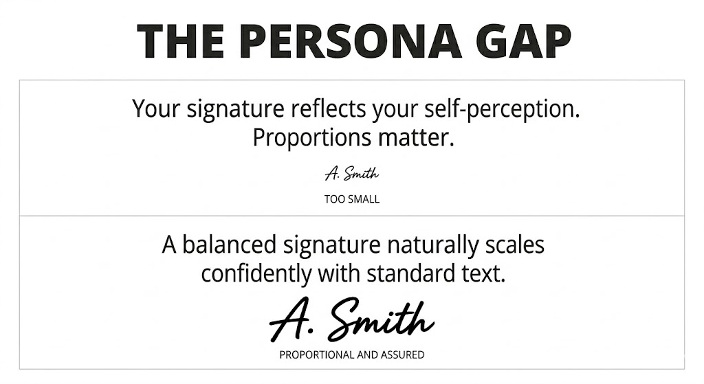 8b44ec52-76e3-4325-a0c8-46ccbcf902a8 Graphotherapy infographic illustrating the Persona Gap, comparing a small, disconnected signature to a balanced, proportional signature.
