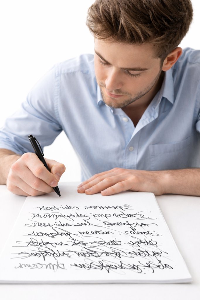 A man intently practicing writing exercises on a blank piece of paper, a common technique in handwriting analysis for personality development.
