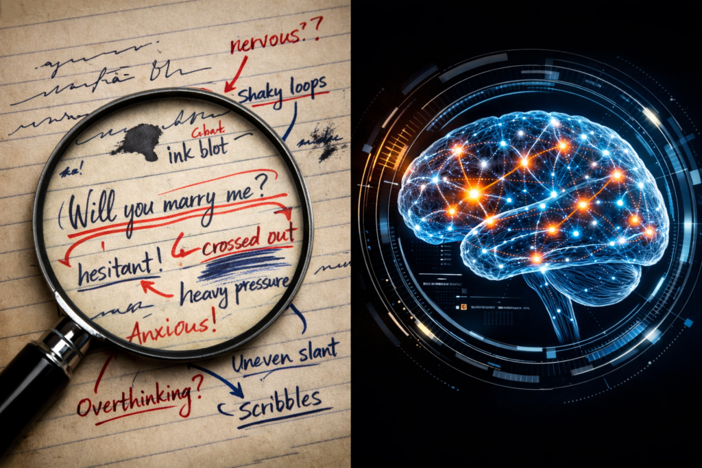 8e11c2d5-09d0-488e-9721-9e37d0be4030 Clinical graphology FAQ concept: A side-by-side comparison showing magnified handwriting analysis notes next to a glowing human brain network.