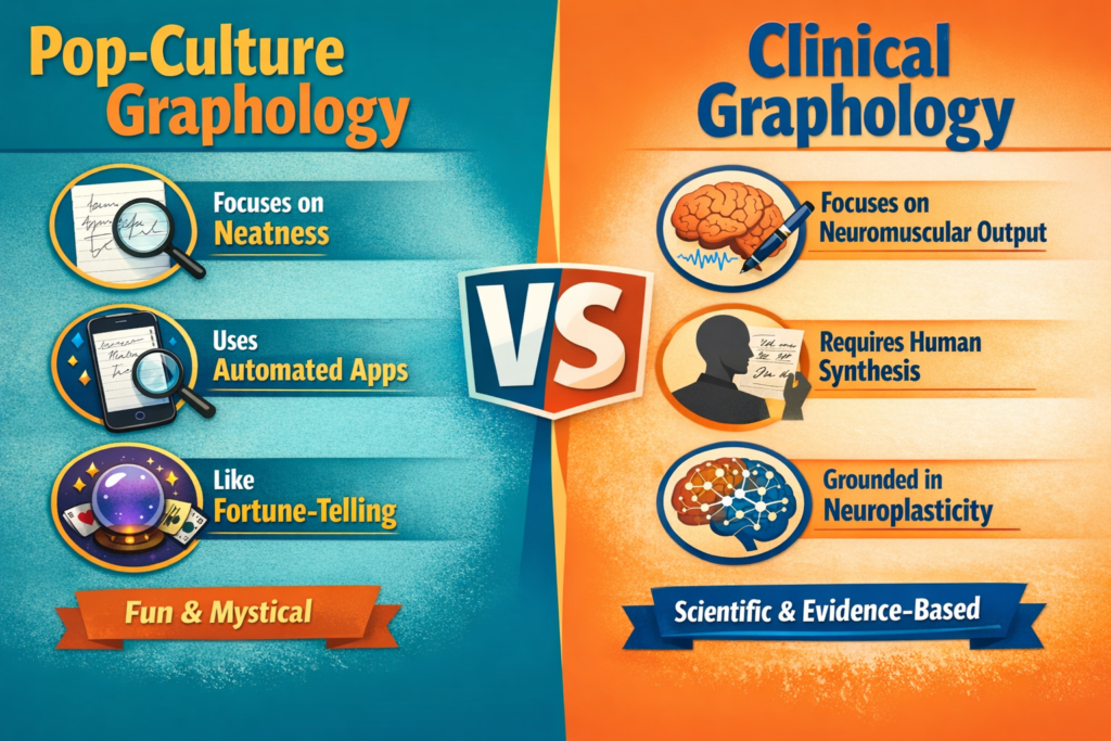 8fc78855-afbe-4dde-8ce6-9af57d3ba160 Graphology FAQ infographic: A comparison chart contrasting fun, pop-culture handwriting analysis with scientific, evidence-based clinical graphology.