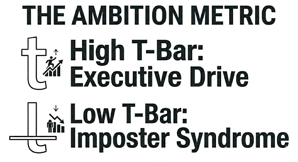 Visual guide identifying high and low t-bars to assess executive drive and imposter syndrome for a personal handwriting report.