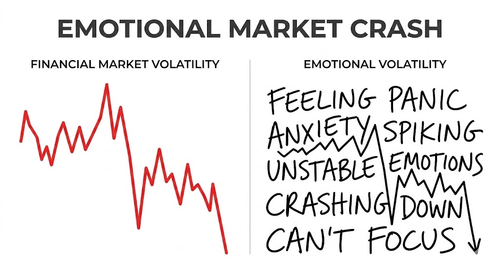 Graphic comparing financial market drops to emotional volatility shown through erratic text, a concept evaluated during handwriting analysis for professionals.