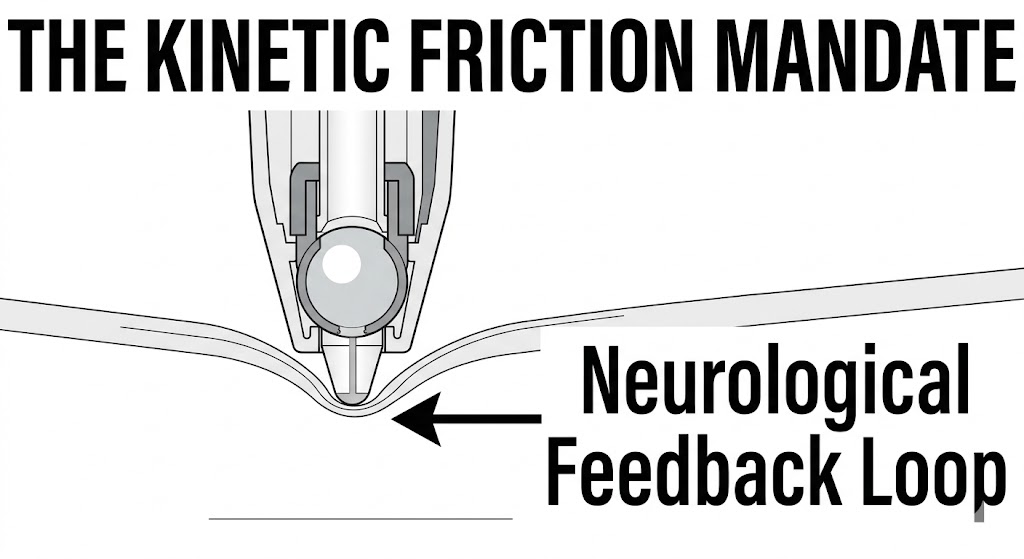 Diagram of a pen tip pressing into paper to create a neurological feedback loop, explaining the kinetic friction mandate in handwriting analysis for personality development.
