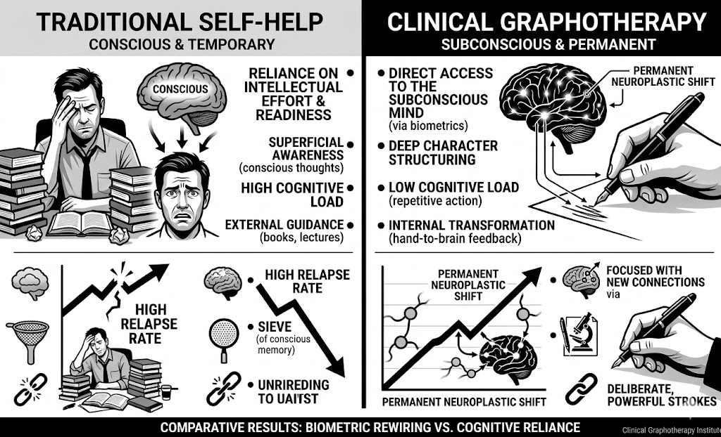 Infographic comparing the temporary conscious efforts of traditional self-help with the permanent subconscious rewiring achieved through handwriting analysis for personality development.