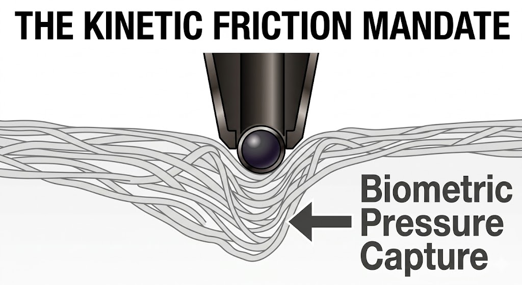 Macro illustration of a pen tip capturing biometric pressure on paper fibers for a personal handwriting report.