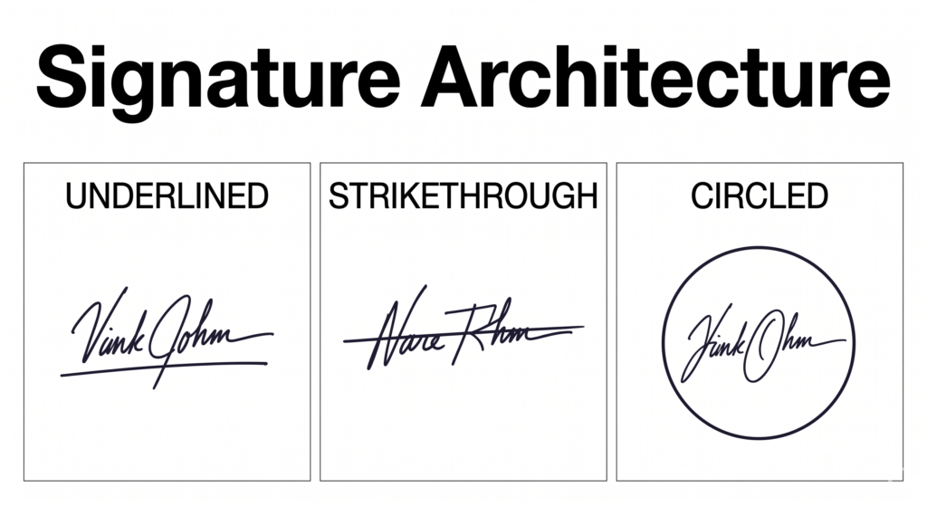 Gemini_Generated_Image_942jdf942jdf942j Graphotherapy analysis of signature architecture showcasing the differences between underlined, strikethrough, and circled handwriting patterns.
