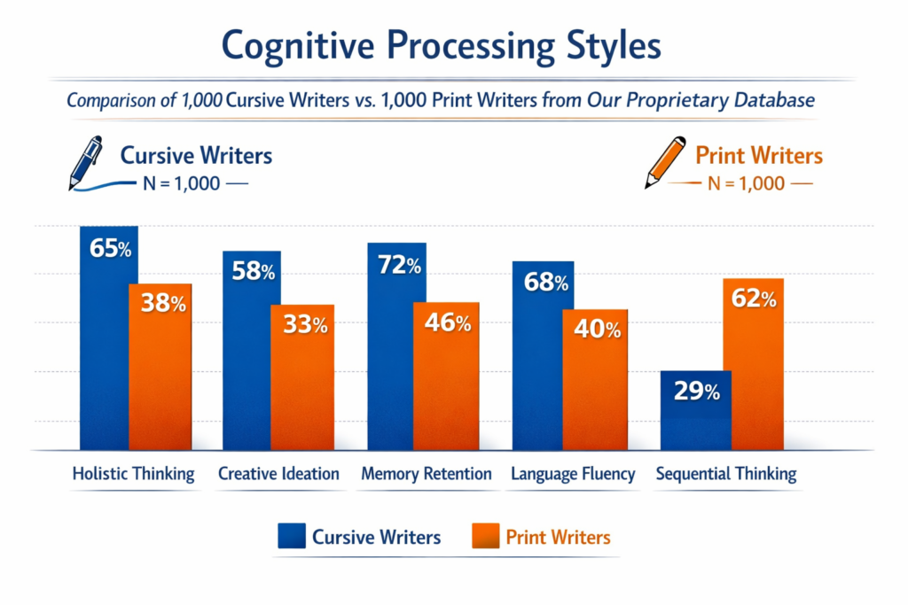 a1 Graphology FAQ data: A bar chart comparing the cognitive processing styles, such as memory retention and creative ideation, of cursive versus print writers.