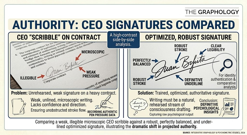 Side-by-side comparison of a weak illegible CEO scribble and a robust clear design demonstrating Professional Signature Optimization