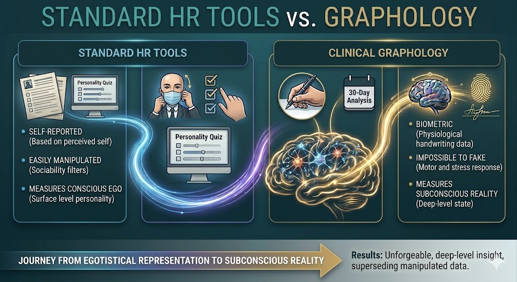 Comparison of standard self-reported personality quizzes versus clinical graphology for subconscious reality testing in corporate HR screening.