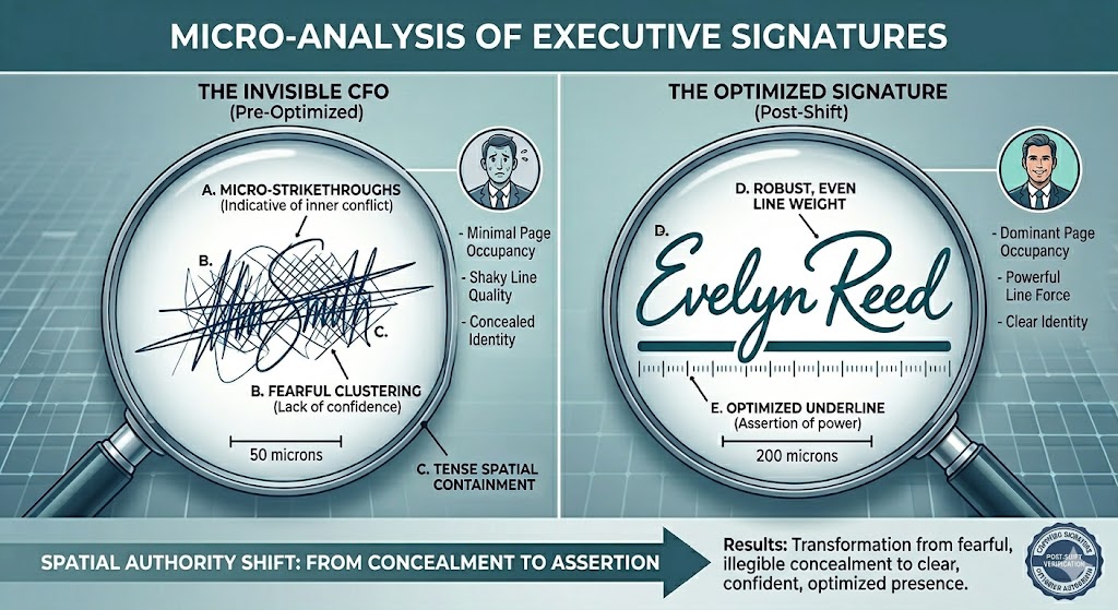 Micro-analysis showing the spatial authority shift from a fearful pre-optimized state to a confident presence through Professional Signature Optimization.