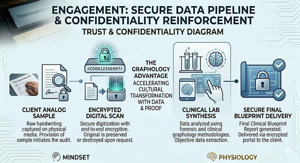 secure data pipeline and confidentiality reinforcement process used in handwriting analysis services.