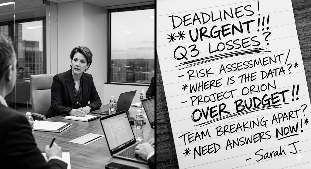 Split view of a female executive in a meeting and an urgent, stressed handwritten note, showing the real-world context for handwriting analysis for professionals.