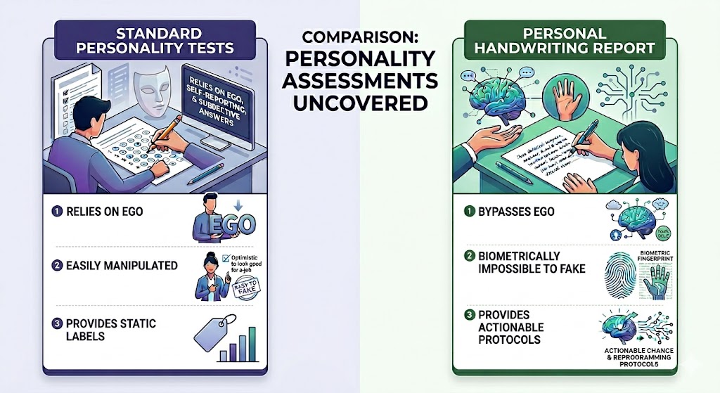 Infographic comparing the biometric accuracy and actionable protocols of a personal handwriting report against standard personality tests.