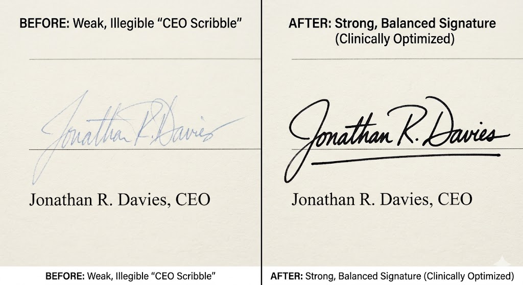 b1eaa1ac-79ef-4f3b-9cf7-3999b111b22d Graphotherapy case study showing the transition from a weak CEO scribble to a clinically optimized, strong signature.