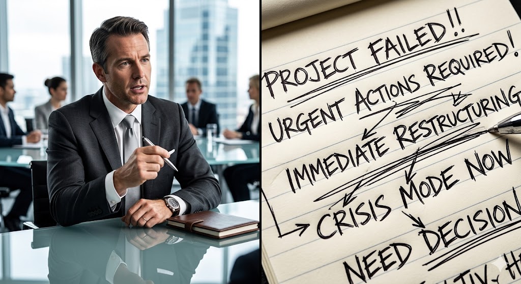 Split view of a male executive and a frantic handwritten project note, demonstrating how handwriting analysis for professionals uncovers hidden corporate stress.