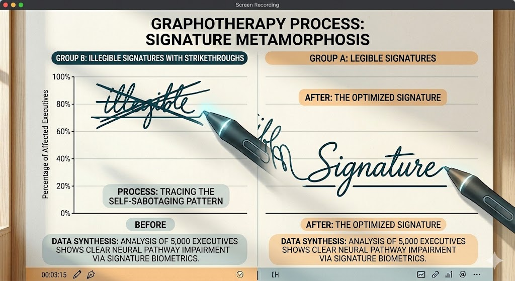 b4082d84-d078-4235-b427-41923b9ddc81 Visual representation of the graphotherapy process, showing a digital pen tracing a self-sabotaging pattern to create an optimized signature."