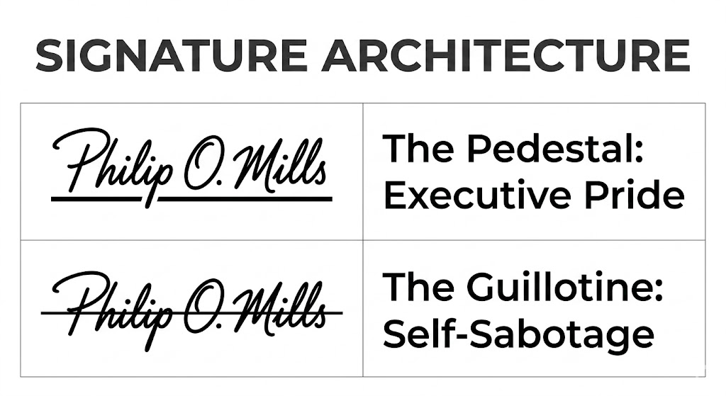 Signature architecture examples highlighting the pedestal of executive pride versus the guillotine of self-sabotage corrected by Professional Signature Optimization.