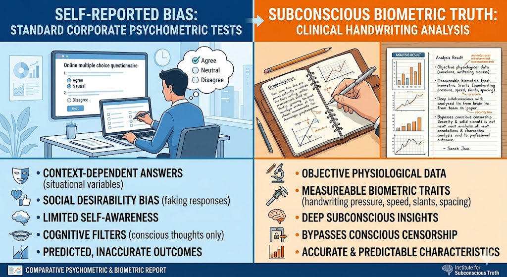 Infographic comparing the self-reported bias of standard psychometric tests with the objective biometric truth found in handwriting analysis for professionals.