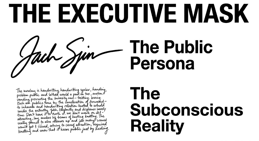 Graphic titled The Executive Mask, contrasting a polished public signature with messy subconscious script to highlight the diagnostic value of handwriting analysis for professionals.