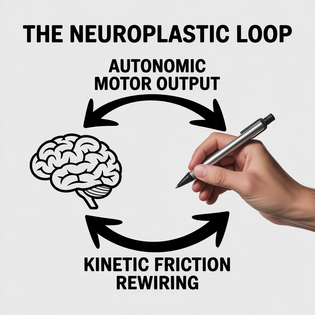 Diagram illustrating the autonomic motor output and kinetic friction rewiring process used by a clinical graphologist.