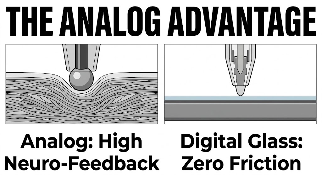 Illustration of the analog advantage showing the high neuro-feedback of pen on paper essential for effective Professional Signature Optimization.