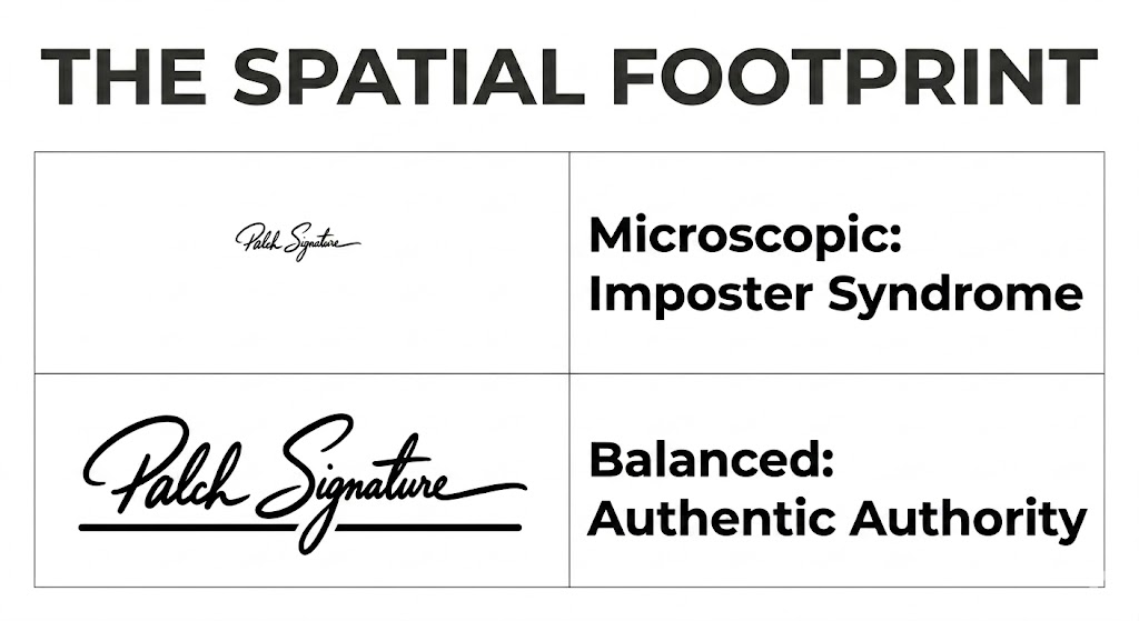 Comparison of a microscopic spatial footprint indicating imposter syndrome versus a balanced design showing authentic authority achieved via Professional Signature Optimization.
