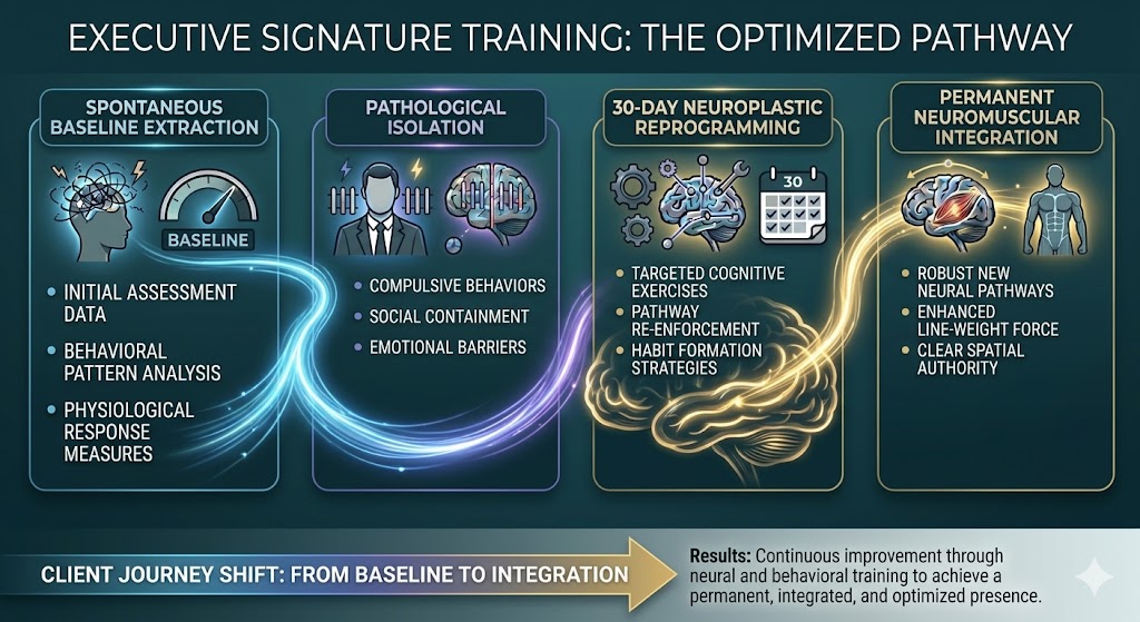 Infographic detailing the four-stage optimized pathway from baseline extraction to permanent neuromuscular integration in Professional Signature Optimization.