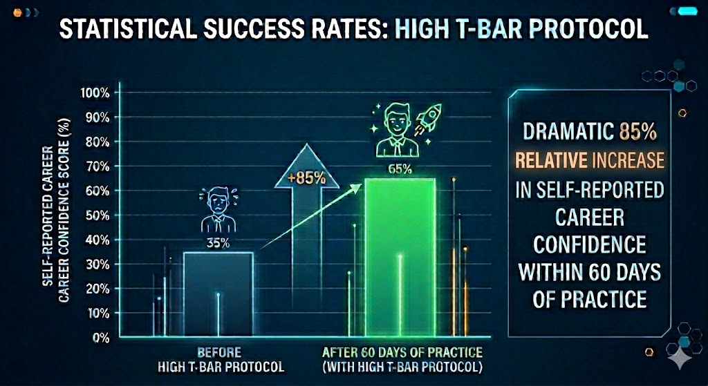Bar chart showing an 85% relative increase in career confidence using the high t-bar protocol, a proven method in handwriting analysis for personality development.