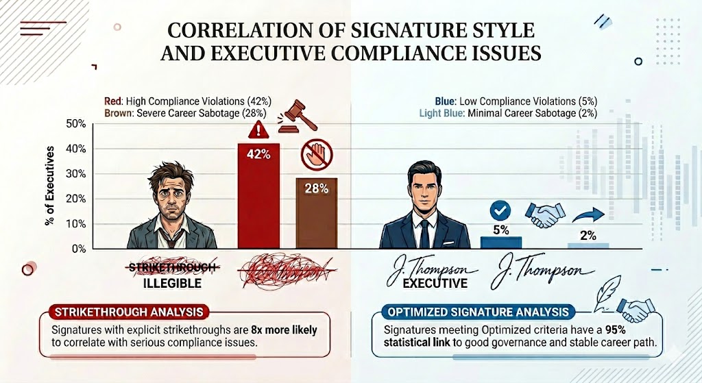 Signature analysis data correlation chart demonstrating that illegible autographs and strikethroughs lead to higher executive compliance violations than optimized signatures.