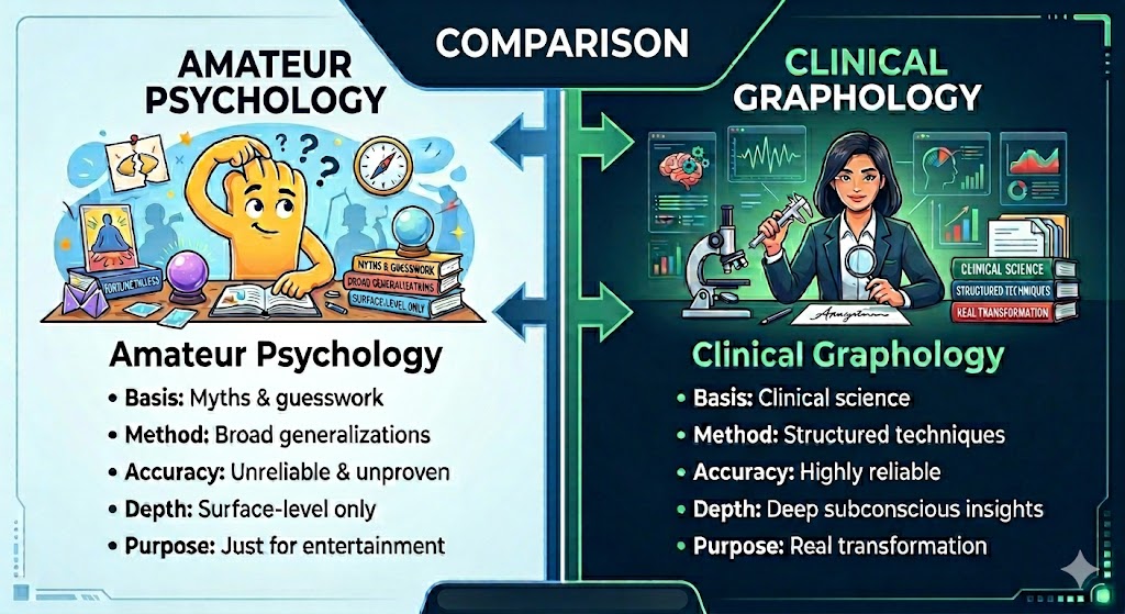 Comparison showing the scientific accuracy and structured techniques of a professional handwriting analysis expert versus amateur psychology.