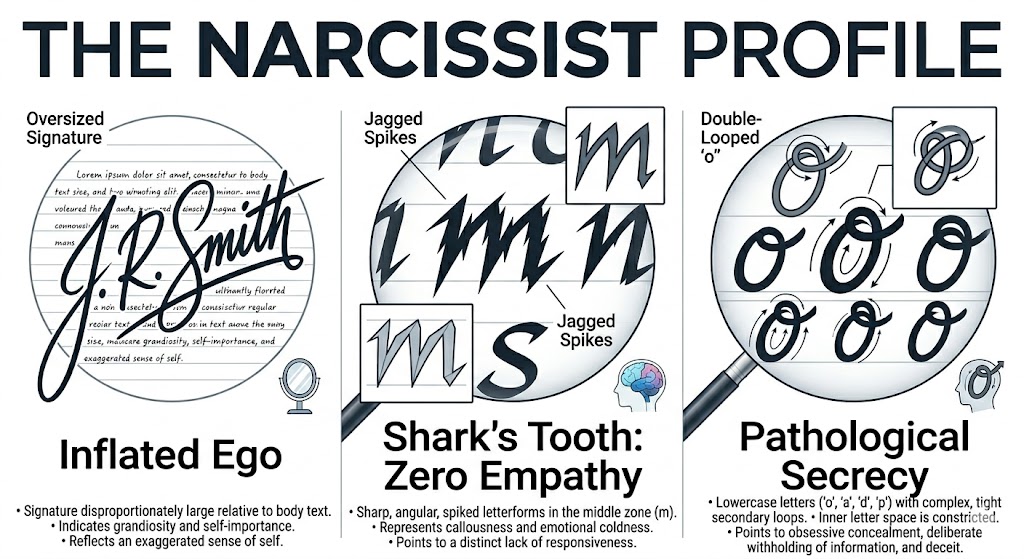 Graphology profile of a narcissist detailing traits like inflated ego and jagged spikes to assess relationship red flags.