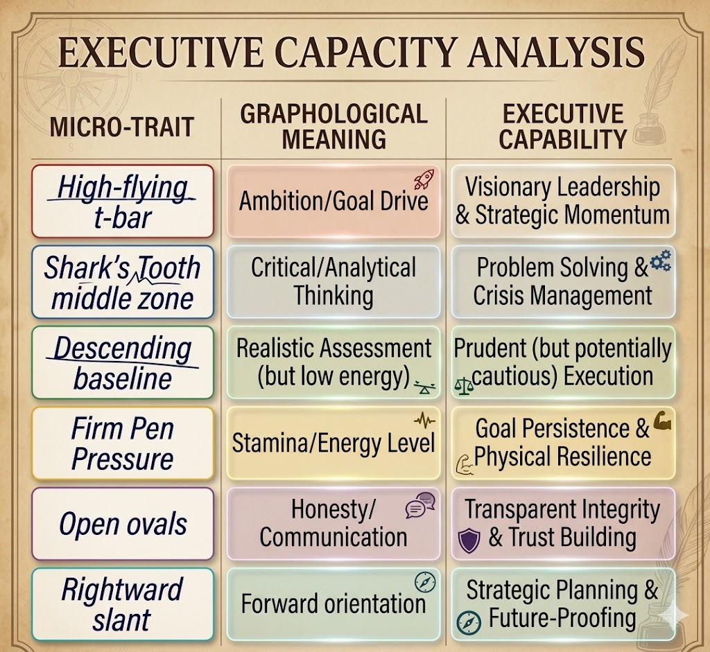 Detailed chart showing Executive Capacity Analysis, linking specific graphological traits to leadership capabilities in handwriting analysis for professionals.