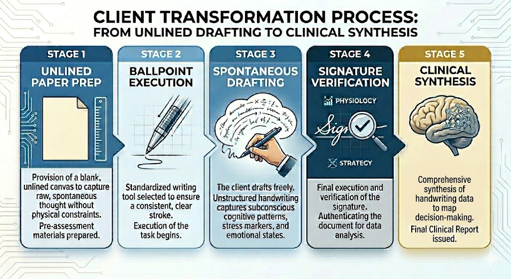 Five-stage clinical synthesis and subconscious assessment process implemented by a certified graphology expert.